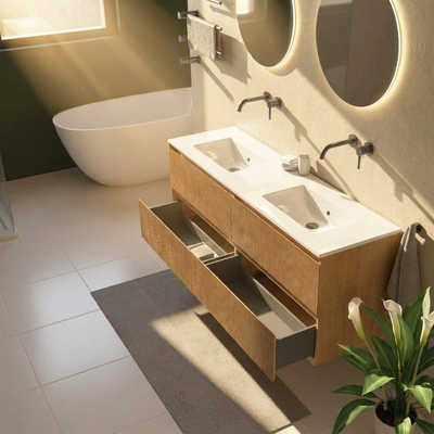 Saniclass Holz Atelier Ensemble meuble de salle de bains - 160x45x62cm - Lavabo Vygo en céramique blanc - 2 vasques - sans trous de robinetterie - 4 tiroirs - chêne natural mat (bois)