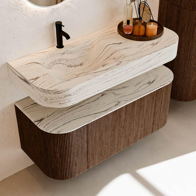 MONDIAZ THOR-DLUX 110cm badmeubel ronding links + rechts kleur Walnut met 1 lade en 2 deuren. Vrijhangende wastafel CLOUD Links 1 kraangat kleur Nata.