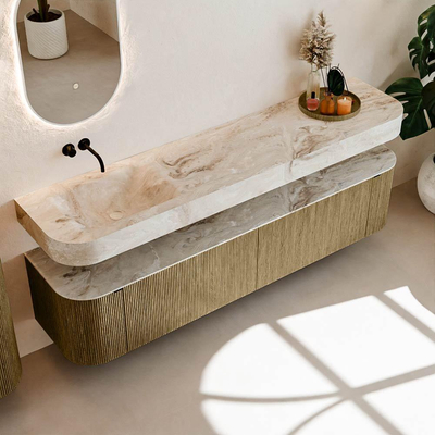 MONDIAZ THOR-DLUX 200cm meuble de salle de bains arrondi gauche + droite couleur Dusk avec 2 tiroirs et 2 portes. Vasque suspendue CLOUD Gauche sans trou de robinet couleur Frappe.