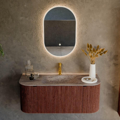 MONDIAZ KURVE-DLUX 110cm badmeubel ronding Links + Rechts kleur Ruby met 1 lade en 2 deuren. Wastafel CLOUD Midden 1 kraangat Oza.