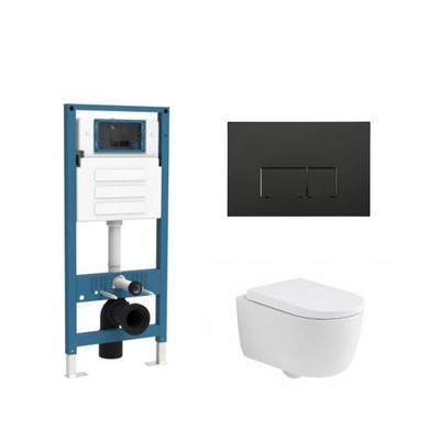 QeramiQ Dely Swirl Ensemble WC - réservoir encastré Qeramiq Flush - abattant 35mm - plaque de commande noire mate en métal - boutons rectangulaires - blanc mat