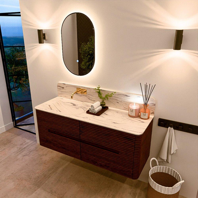 Mondiaz CIRO-DLUX Ensemble meuble de salle de bains - 130x45x50cm - lavabo solid surface Nata - 1 vasque à gauche - sans trous de robinetterie - 4 tiroirs - Ruby