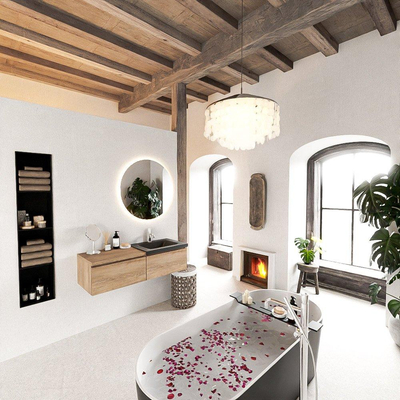 MONDIAZ BUKLA 120cm ensemble de meuble avec module 60 couleur Chêne blanchi avec 2 tiroirs. Lavabo CLOUD à droite 1 trou de robinet couleur Urbaine.