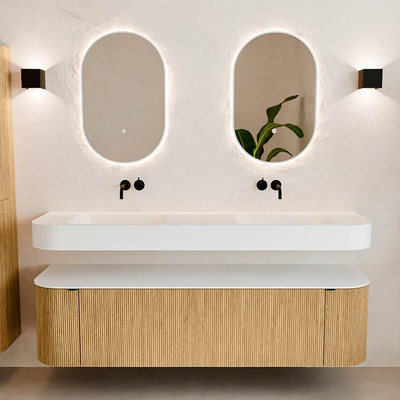 MONDIAZ THOR 170cm meuble de salle de bains arrondi gauche + droite couleur Oak avec 1 tiroir et 2 portes. Vasque suspendue CLOUD Double sans trou de robinet couleur Talc.