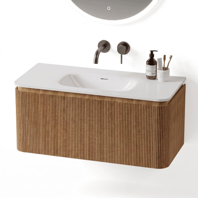 Royal Plaza Terra Edge Ensemble meuble de salle de bains - 100x45.5x46cm - vasque en céramique blanc brillant - 1 vasque - sans trous de robinet - 2 tiroirs - sandwood (chêne clair)