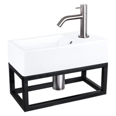 Differnz Force pack lave-mains – 40 x 22 x 11,5 cm – céramique blanche – robinet courbé chromé mat – avec cadre noir