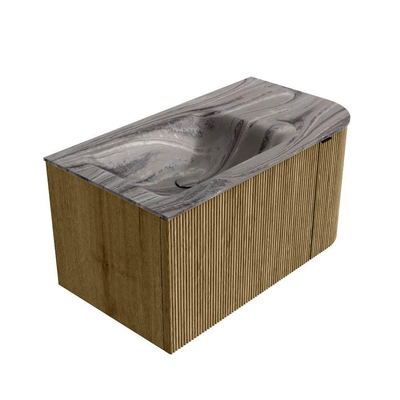 MONDIAZ KURVE-DLUX Meuble de salle de bains 85cm arrondi à droite couleur Dusk avec 1 tiroir et 1 porte. Vasque CLOUD à gauche 1 trou de robinet Sombra.