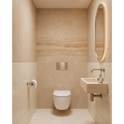 QeramiQ Dely Swirl Toiletset - 36.3x51.7cm - diepspoel - rimless - Geberit UP320 inbouwreservoir - met Burda frame - slim zitting - geborsteld messing bedieningsplaat - rechtehoekige knoppen - mat wit
