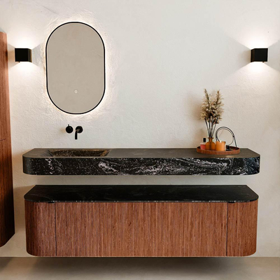 MONDIAZ THOR-DLUX Meuble de salle de bains 170cm arrondi gauche + droite couleur Ruby avec 1 tiroir et 2 portes. Vasque suspendue CLOUD Gauche sans trou de robinet couleur Lava.