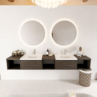 MONDIAZ BUKLA 240cm ensemble de meuble avec module ouvert 40 L+M+R couleur Marron Foncé avec 2 tiroirs. Lavabo CLOUD double 2 trous de robinet couleur Talc.