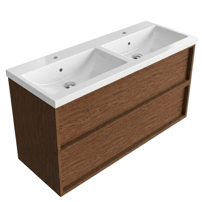 Saniclass Holz Frame Ensemble de meubles de salle de bains - 120x45x63.5cm - Lavabo en céramique Bari blanc - 2 vasques - 2 trous de robinetterie - 2 tiroirs - walnut pure mat (bois)