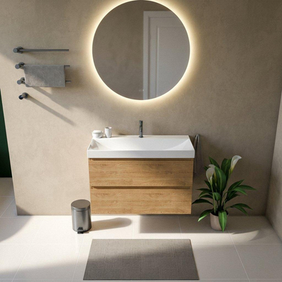 Saniclass Holz Pure Ensemble de meubles de salle de bains - 100x45x67.5cm - lavabo Wave en céramique - 1 vasque - 1 trou de robinetterie - 2 tiroirs - chêne natural mat (bois)