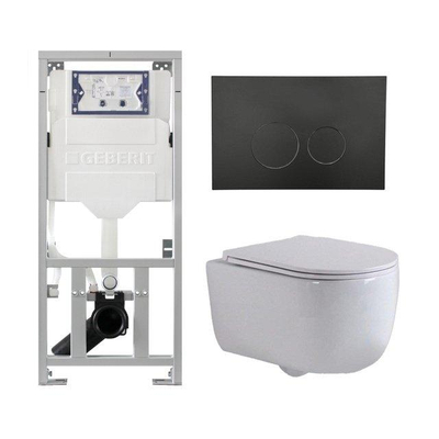 QeramiQ Dely Swirl Toiletset - 36.3x51.7cm - diepspoel - rimless - Geberit UP320 inbouwreservoir - met Burda frame - slim zitting - mat zwarte metalen bedieningsplaat - ronde knoppen - wit mat