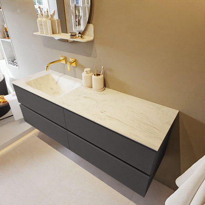 Mondiaz VICA-DLUX ensemble de meuble de salle de bain - 150cm - meuble sous-vasque gris foncé - 4 tiroirs - lavabo encastré cloud gauche - sans trous de robinet - version haute de 60cm - opalo