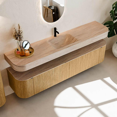 MONDIAZ THOR-DLUX 200cm meuble de salle de bains arrondi gauche + droite couleur Chêne avec 2 tiroirs et 2 portes. Vasque suspendue CLOUD Milieu 1 trou de robinet couleur Saba.