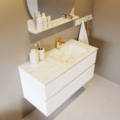 Mondiaz VICA-DLUX Ensemble de meuble de salle de bain - 100cm - meuble sous-vasque talc - 2 tiroirs - lavabo encastré cloud droite - 1 trou de robinet - version haute de 60cm - opalo