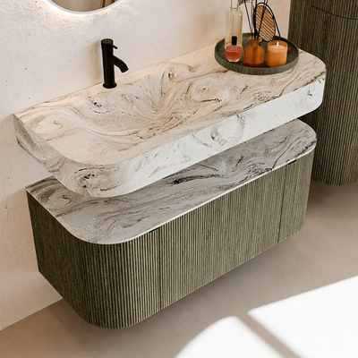 MONDIAZ THOR-DLUX Meuble de salle de bains 110cm arrondi gauche + droite couleur Shadow avec 1 tiroir et 2 portes. Vasque suspendue CLOUD Gauche 1 trou de robinet couleur Glace.