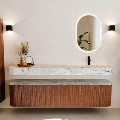 MONDIAZ THOR-DLUX 190cm meuble de salle de bains arrondi gauche + droite couleur Ruby avec 2 tiroirs et 2 portes. Vasque suspendue CLOUD Droite 1 trou de robinet couleur Glace.