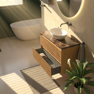 Saniclass Holz Atelier Ensemble de meubles de salle de bains - 100x45x63cm - Plan de toilette en pierre naturelle Noche dark emperador - sans trou de robinetterie - 2 tiroirs - chêne natural mat (bois)