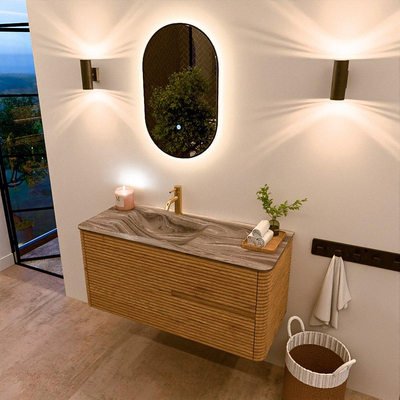 Mondiaz CIRO-DLUX Badkamermeubelset - 110x45x50cm - Solid surface wastafel Sombra - 1 wasbak Links - 1 kraangat - 2 lades - Oak