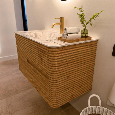 Mondiaz CIRO-DLUX Badkamermeubelset - 90x45x50cm - Solid surface wastafel Glace - 1 wasbak Midden - 1 kraangat - 2 lades - Oak