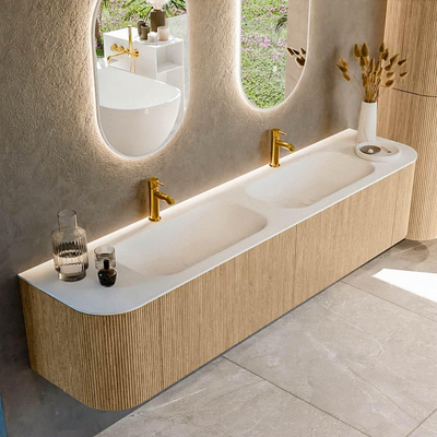 MONDIAZ KURVE 200cm Meuble salle de bain avec module 25 G et D - couleur Oak - 2 tiroirs - 2 portes - vasque BIG SMALL double - 2 trous de robinet - Talc