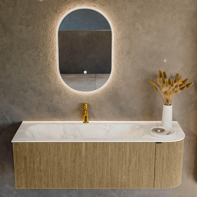 Mondiaz KURVE-DLUX Ensemble meuble de salle de bains - 135x46x40cm - 1 tiroir - 1 porte - lavabo solid surface - gauche - 1 trou de robinet - Dusk