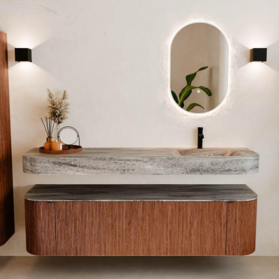 MONDIAZ THOR-DLUX Meuble de salle de bains 170cm arrondi gauche + droite couleur Ruby avec 1 tiroir et 2 portes. Vasque suspendue CLOUD Droite 1 trou de robinet couleur Oza.