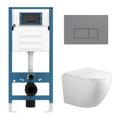 Adema Salina 2.0 Toiletset - 48.5x36x32cm - diepspoel - spoelrandloos - QeramiQ inbouwreservoir - softclose - quickrelease - toiletzitting - licht grijze kunststof bedieningsplaat - rechthoekige knoppen - wit