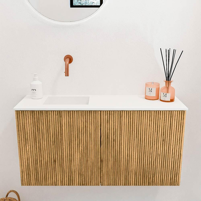 Mondiaz JOYA 80cm toiletmeubel - kleur Oak - Wastafel FAYE positie Links Zonder kraangat kleur Talc.