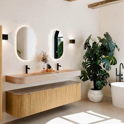 MONDIAZ THOR-DLUX 180cm meuble de salle de bains arrondi gauche + droite couleur Oak avec 2 tiroirs et 2 portes. Vasque suspendue CLOUD Double 2 trous de robinet couleur Saba.