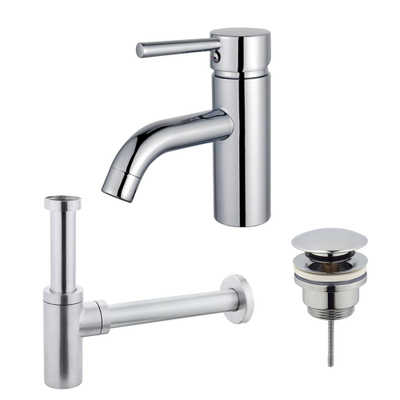 FugaFlow Eccelente Sobrado Kit mitigeur lavabo - robinet bas - bonde clic clac - siphon design - Chrome brillant
