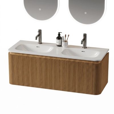 Royal Plaza Terra Edge Ensemble meuble de salle de bains - 120x45.5x46cm - vasque en céramique blanc brillant - 2 vasques - 2 trous de robinet - 2 tiroirs - sandwood (chêne clair)
