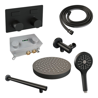 BRAUER Stripe Douche de tête thermostatique encastrée - boutons-poussoirs - SET 28 - pomme de douche 25cm - bras mural droit - douchette 3 positions - flexible de douche - coude mural - noir mat