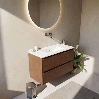 Saniclass Holz Pure Ensemble meuble de salle de bains - 100x45x62cm - lavabo Vygo en céramique blanc - 1 vasque - sans trou de robinet - 2 tiroirs - noyer pure mat (bois)