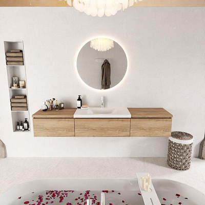 MONDIAZ BUKLA 200cm ensemble de meuble avec module 60 couleur Chêne blanchi avec 3 tiroirs. Lavabo CLOUD milieu 1 trou de robinet couleur Talc.