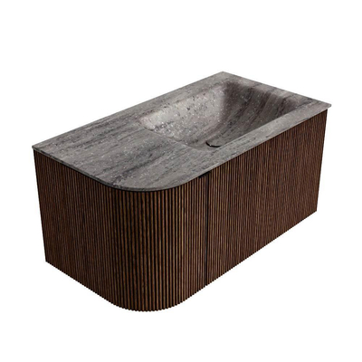 MONDIAZ KURVE-DLUX 85cm badmeubel ronding Links kleur Walnut met 1 lade en 1 deur. Wastafel CLOUD Rechts zonder kraangat Oza.