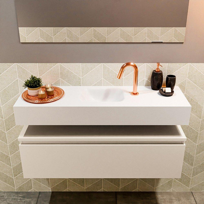 MONDIAZ ANDOR Toiletmeubel - 100x30x30cm - 1 kraangat - 1 lades - linen mat - wasbak midden - Solid surface - Wit