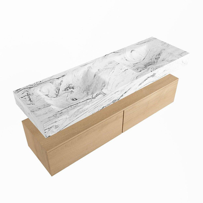 Mondiaz ALAN-DLUX Ensemble de meuble - 150cm - meuble Washed Oak mat - 2 tiroirs - Lavabo Cloud Glace suspendu - vasque Gauche et droite - 0 trous de robinet