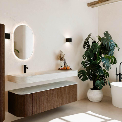 MONDIAZ THOR-DLUX 160cm meuble de salle de bains arrondi gauche + droite couleur Walnut avec 1 tiroir et 2 portes. Vasque suspendue CLOUD Gauche 1 trou de robinet couleur Opalo.