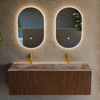 MONDIAZ KURVE-DLUX 130cm badmeubel kleur Walnut met 2 lades en 0 deuren. Wastafel LEAF Dubbel 2 kraangaten Oza.