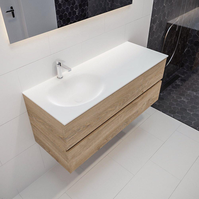 ENSEMBLE DE MEUBLE MONDIAZ VICA - 120cm - 2 tiroirs - lavabo Moon gauche - 1 trou de robinet - solid surface chêne blanchi