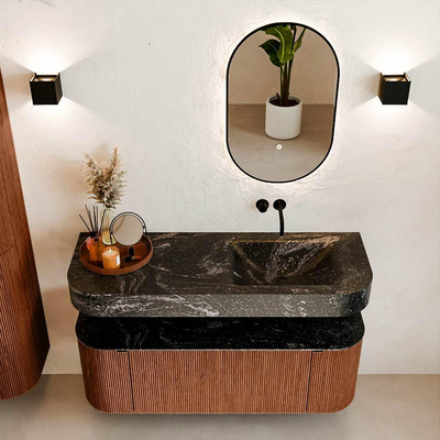 MONDIAZ THOR-DLUX 130cm meuble de salle de bains arrondi gauche + droite couleur Ruby avec 1 tiroir et 2 portes. Vasque suspendue CLOUD Droite sans trou de robinet couleur Lava.