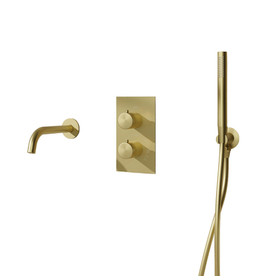 Fortifura Calvi Badkraan set - uitloop - 22cm inkortbaar - gladde slang - staafhanddouche - inbouwdeel - wandhouder - geborsteld messing (goud)