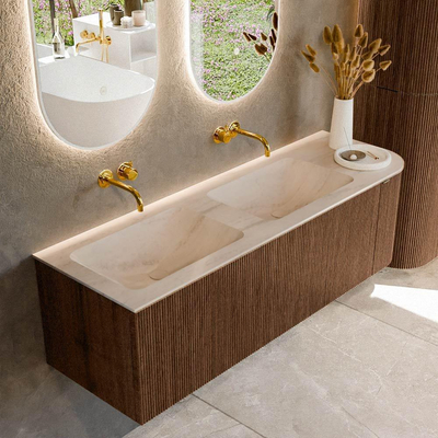 MONDIAZ KURVE-DLUX 145cm badmeubel ronding Rechts kleur Walnut met 1 lade en 1 deur. Wastafel LEAF Dubbel / Links zonder kraangat Meli.