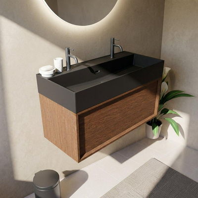 Saniclass Holz Frame Badkamermeubelset - 100x45x52cm - Legend keramische wastafel mat zwart - 1 wasbak - 2 kraangaten - 1 lade - mat walnut pure (hout)
