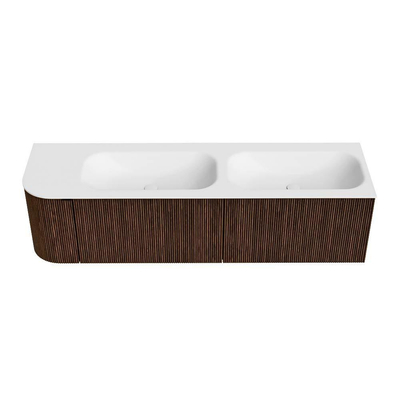 MONDIAZ KURVE Meuble de salle de bains 165 cm avec module 25 L couleur Walnut avec 2 tiroirs et 1 porte. Lavabo BIG SMALL double / à droite sans trou de robinet Talc.