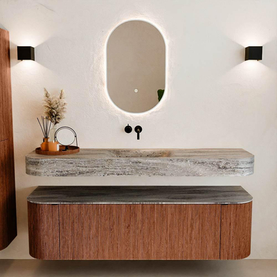 MONDIAZ THOR-DLUX 160cm meuble de salle de bains arrondi gauche + droite couleur Ruby avec 1 tiroir et 2 portes. Vasque suspendue CLOUD Centre sans trou de robinet couleur Oza.