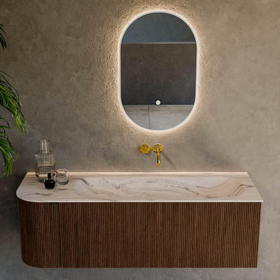 MONDIAZ KURVE-DLUX 135cm meuble de salle de bains arrondi à gauche couleur Walnut avec 1 tiroir et 1 porte. Lavabo BIG MEDIUM à droite sans trou de robinet Nata.