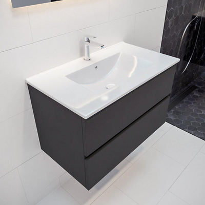 ENSEMBLE DE MEUBLE MONDIAZ VICA - 80cm - 2 tiroirs - lavabo Denia milieu - 1 trou de robinet - solid surface gris foncé